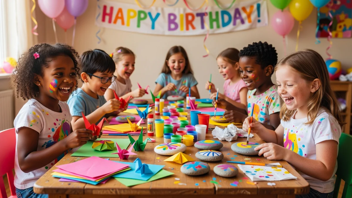 Enfants réalisant des activités bricolage lors d'un anniversaire, entourés de matériaux créatifs colorés