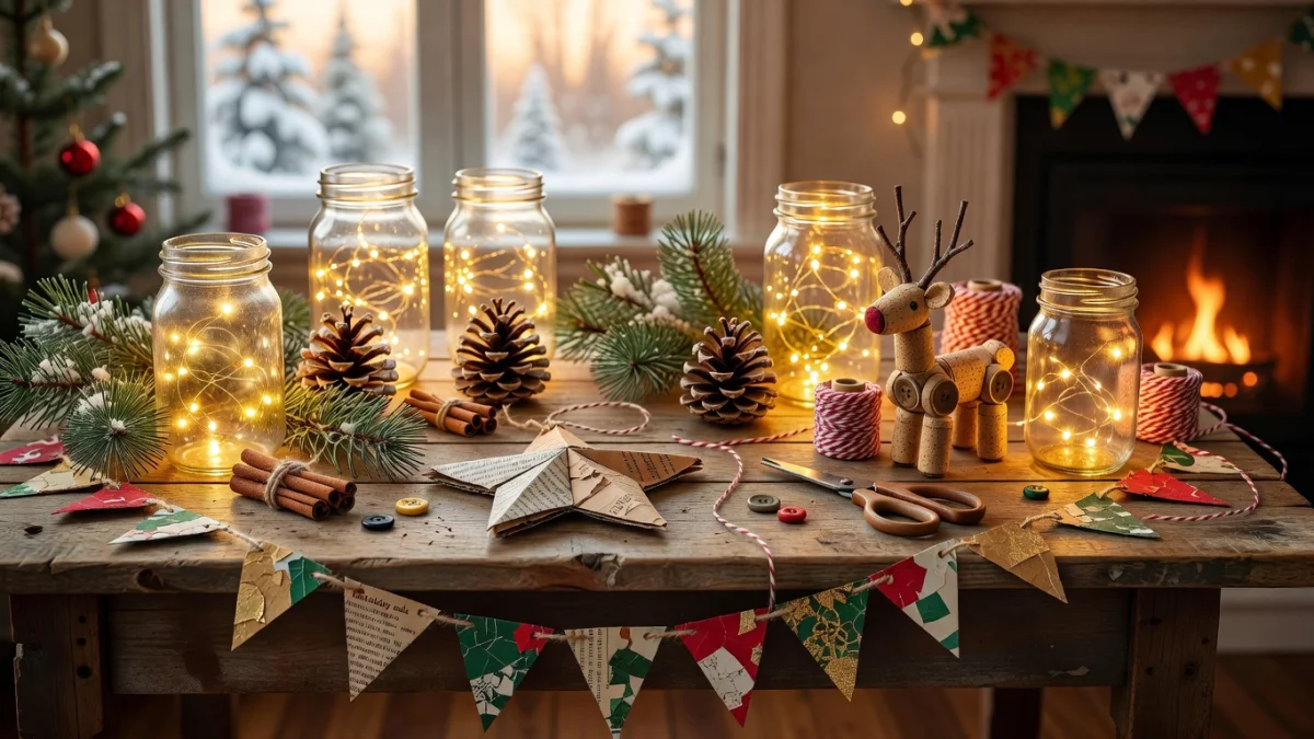 Décorations de Noël faites maison avec des matériaux recyclés : bouchons de liège, bocaux et papier