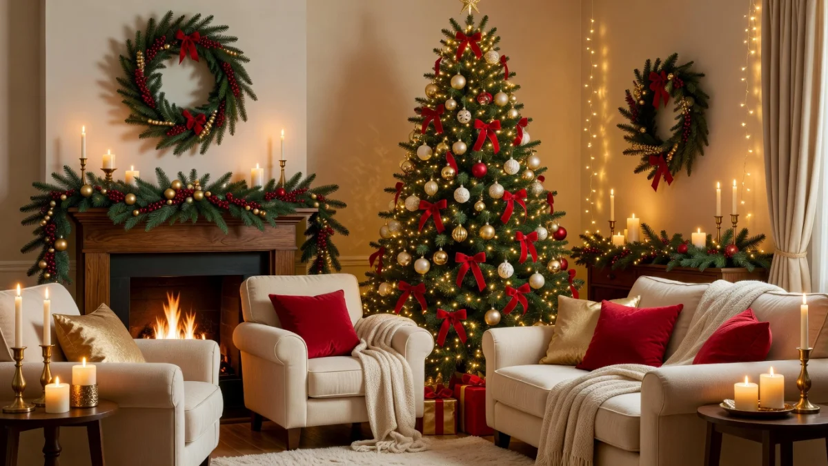 Décoration de Noël cohérente dans toute la maison avec guirlandes, bougies et éléments naturels