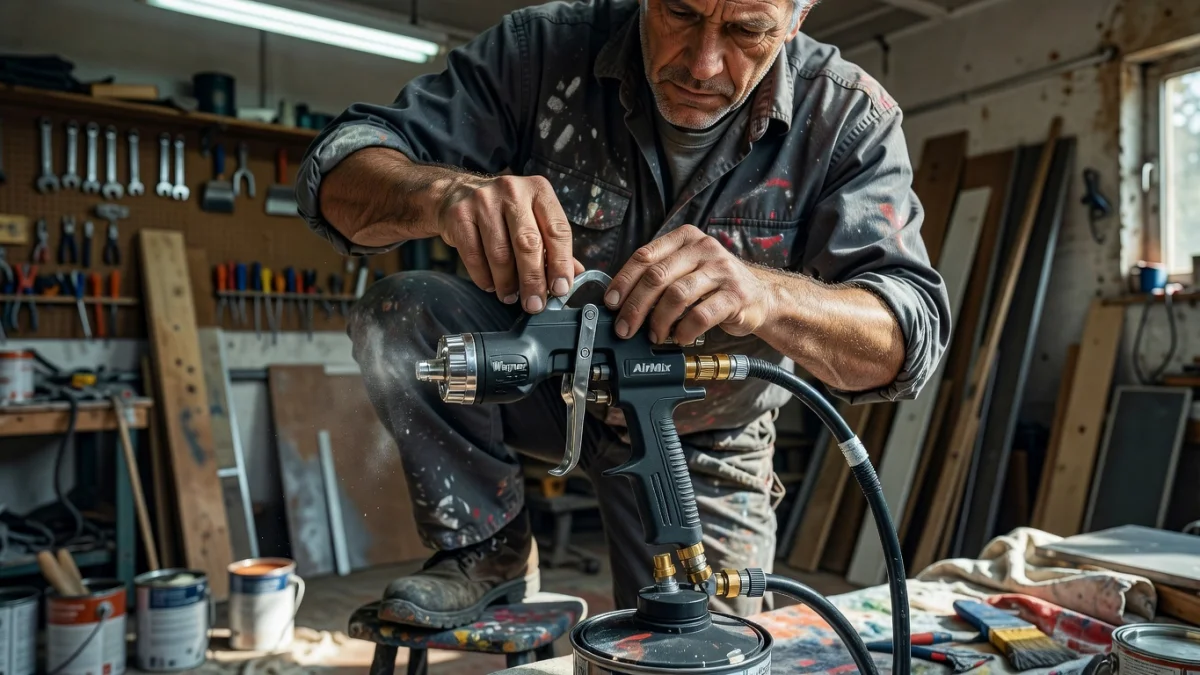 Pistolet AirMix Wagner en cours de réglage pour une pulvérisation de peinture parfaite sur une surface en bois