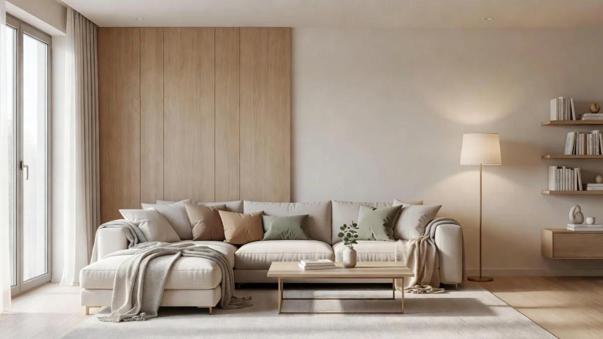 Salon relooké avec des astuces déco simples : mur d'accent, tapis, coussins colorés et luminaires tendance