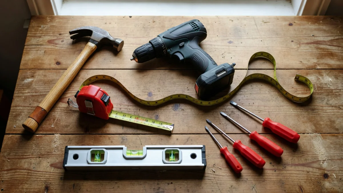 Boîte à outils ouverte avec les outils essentiels du bricoleur débutant : marteau, perceuse, mètre ruban, niveau à bulle