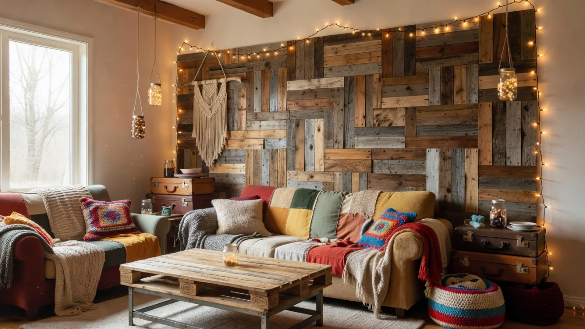 Intérieur décoré avec des projets DIY : mur d'accent vert sauge, plantes, éclairage chaleureux et meubles relookés