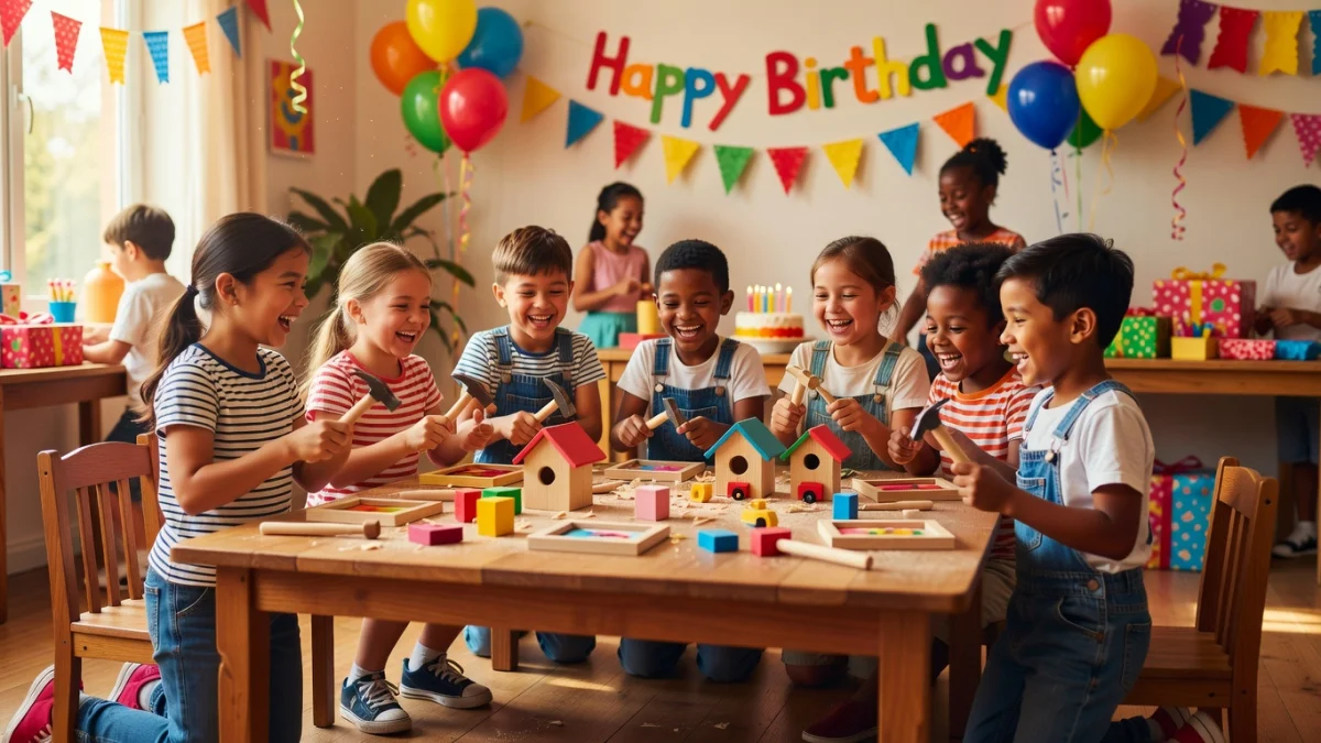 Enfants réalisant des activités de bricolage lors d'un anniversaire thématique