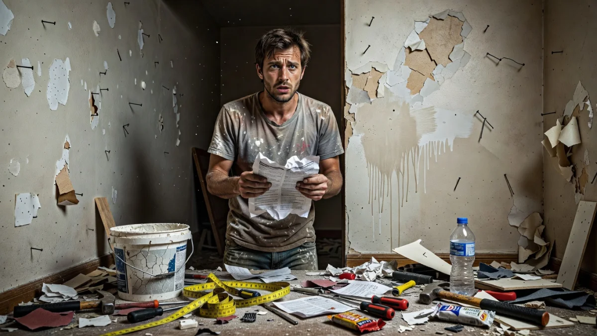 Un bricoleur débutant face à une boîte à outils, hésitant devant des travaux de rénovation à domicile