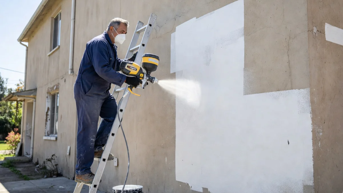 Pistolet airless Wagner Pro en train de peindre une façade extérieure